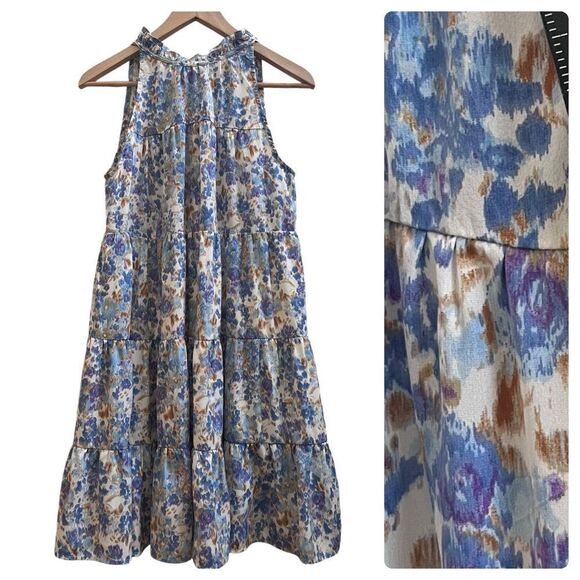 Hailey & Co Ikat Watercolor Print High Neck  Sleeveless Tiered Dress Small - Picture 3 of 11